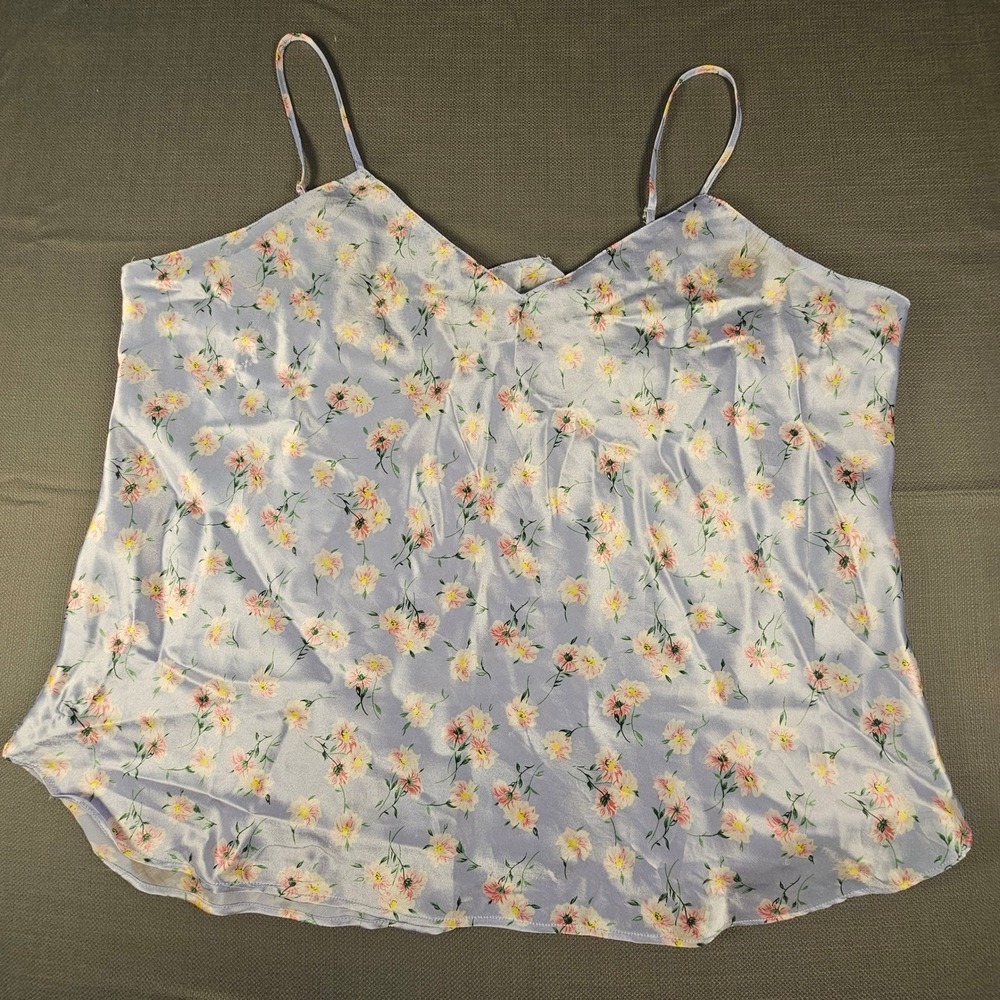 Floral Satin Camisole Top Lavender Pink V-Neck Spaghetti Strap 895PCOK XL